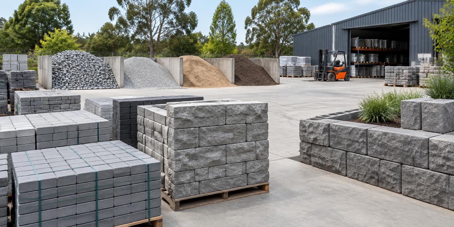 Illustrative landscape supply yard with paving, retaining wall blocks and aggregate bays